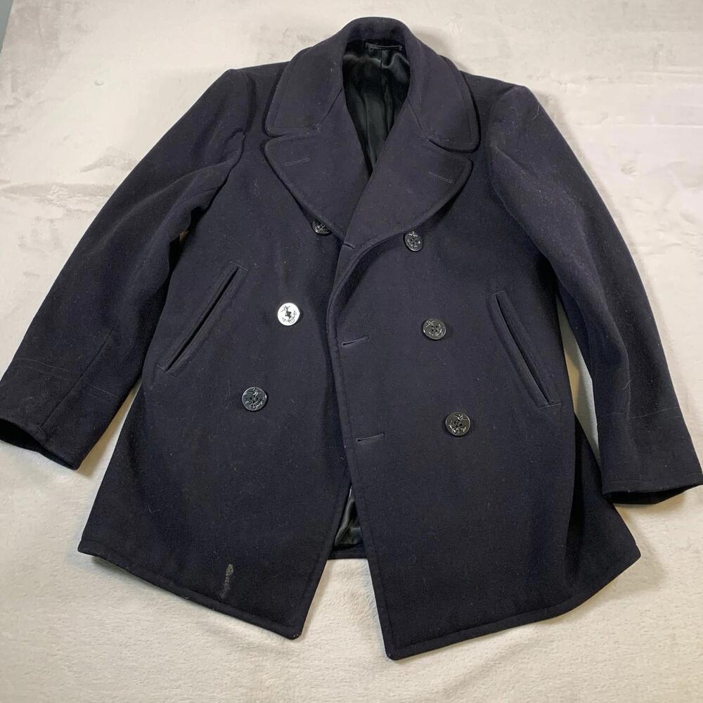 Vintage‎ Navy Pea Coat Mens Size 40 Black Overcoat Button Wool Heavy Kersey 80s
